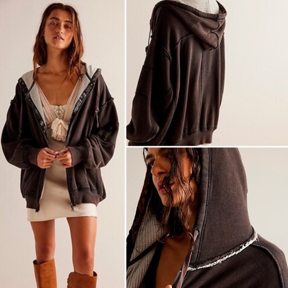 We The Free By Your Side Lined Hoodie Washed Black Thermal Lined Zip Up Sz M NWT